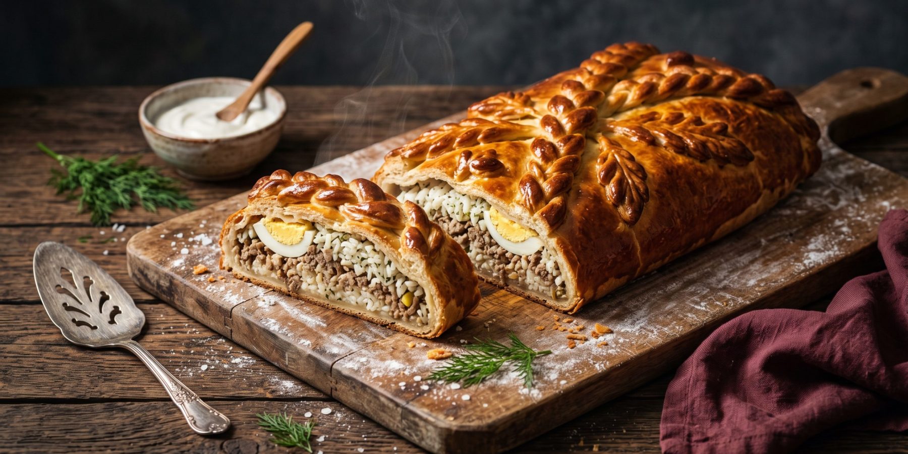 Кулебяка с мясом и рисом — слоёный пирог на дрожжевом тесте