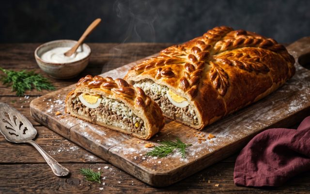 Кулебяка с мясом и рисом: слоёная начинка на дрожжевом тесте