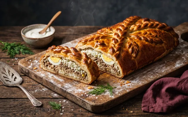 Кулебяка с мясом и рисом: слоёная начинка на дрожжевом тесте